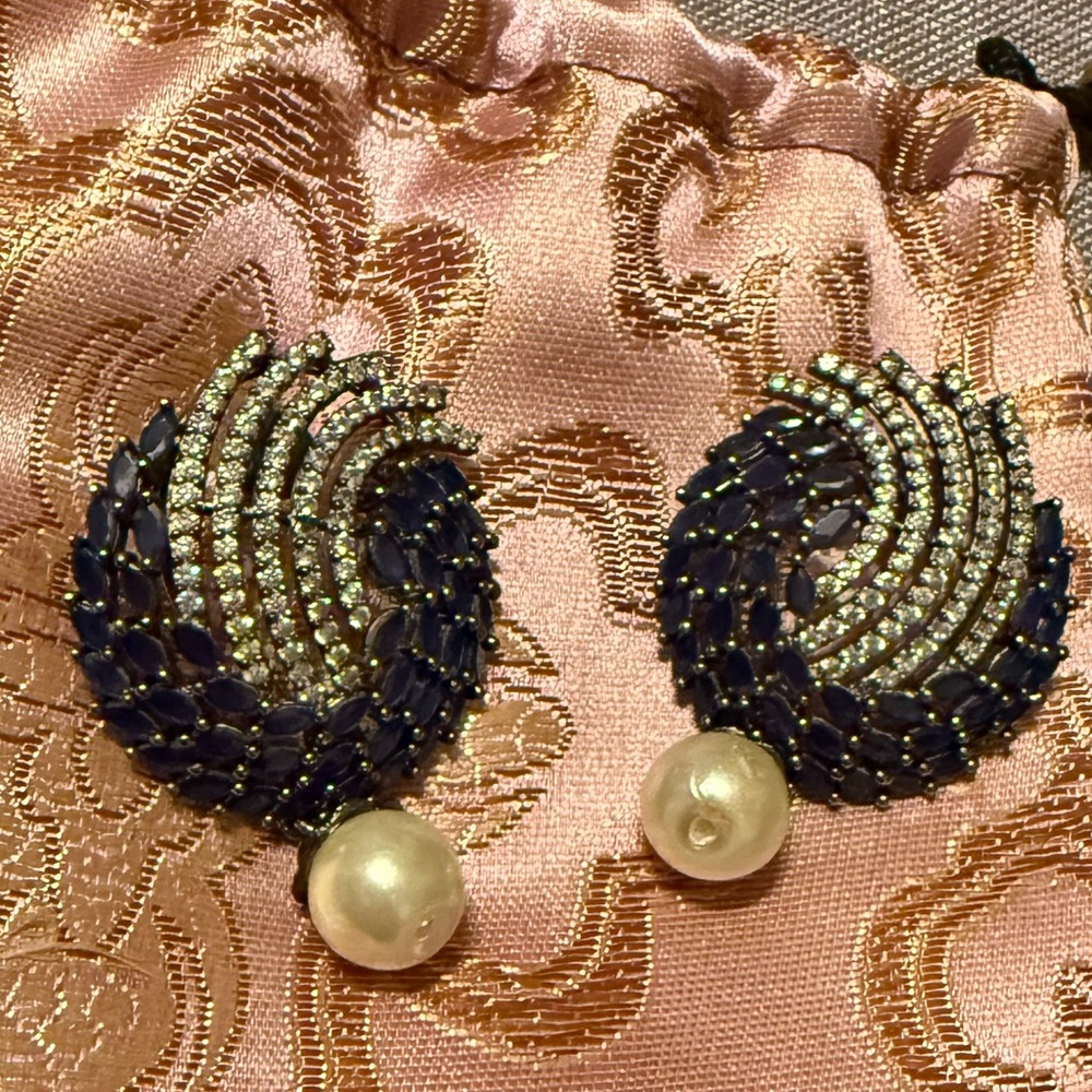 Elegant Blue and Gold Earrings with Pearl Accents